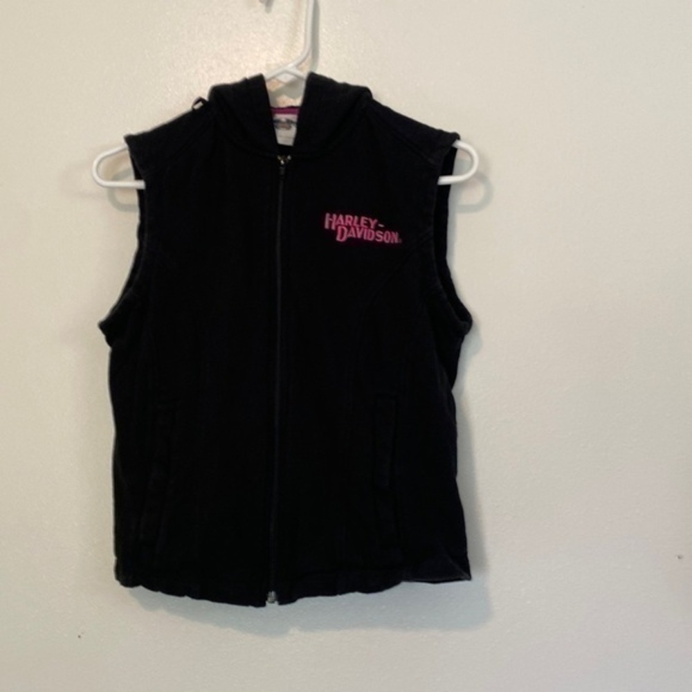 Harley Davidson sleeveless pocket hooded pink embroidered on blk vest